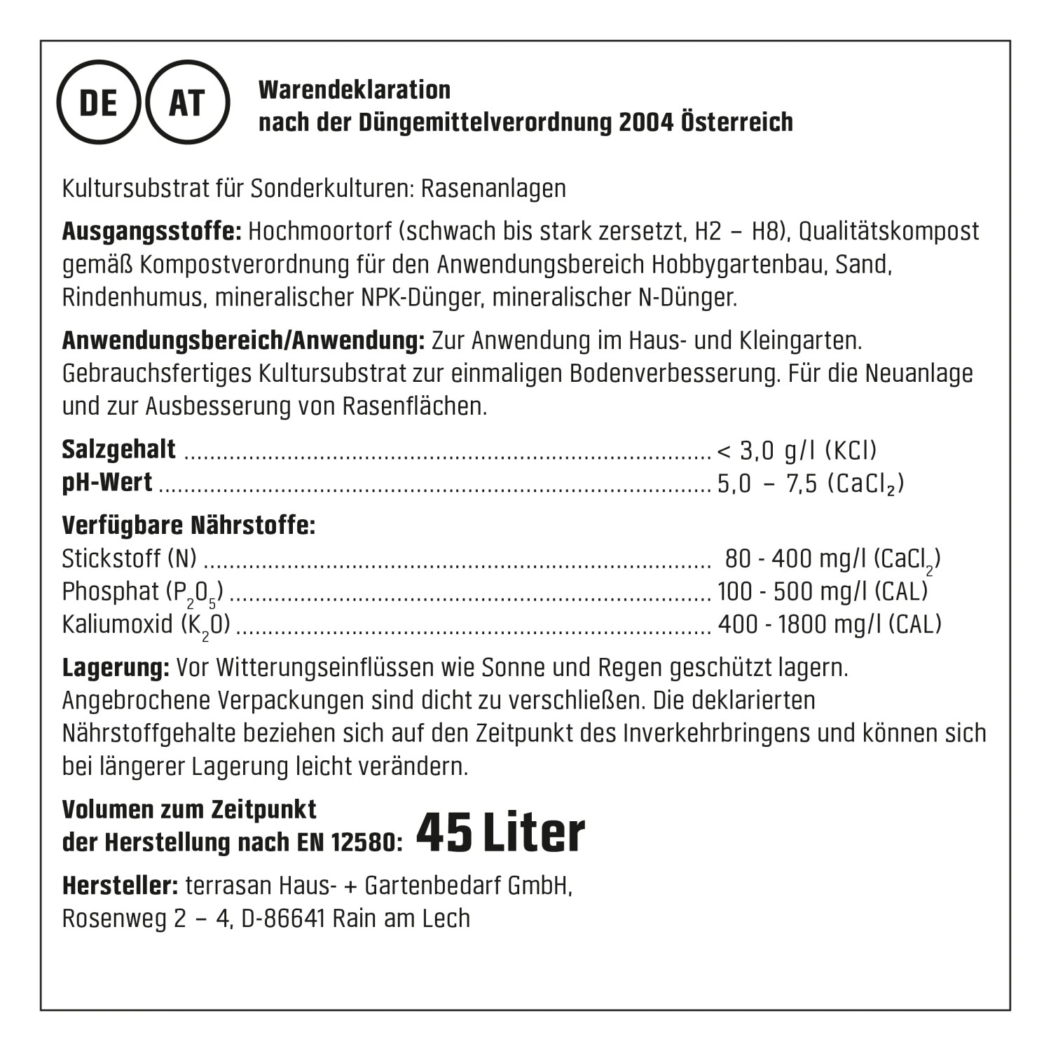 Info-Tafel GROW by OBI Rasenerde 45l: Zusammensetzung, Nährstoffe und Anwendungshinweise.
