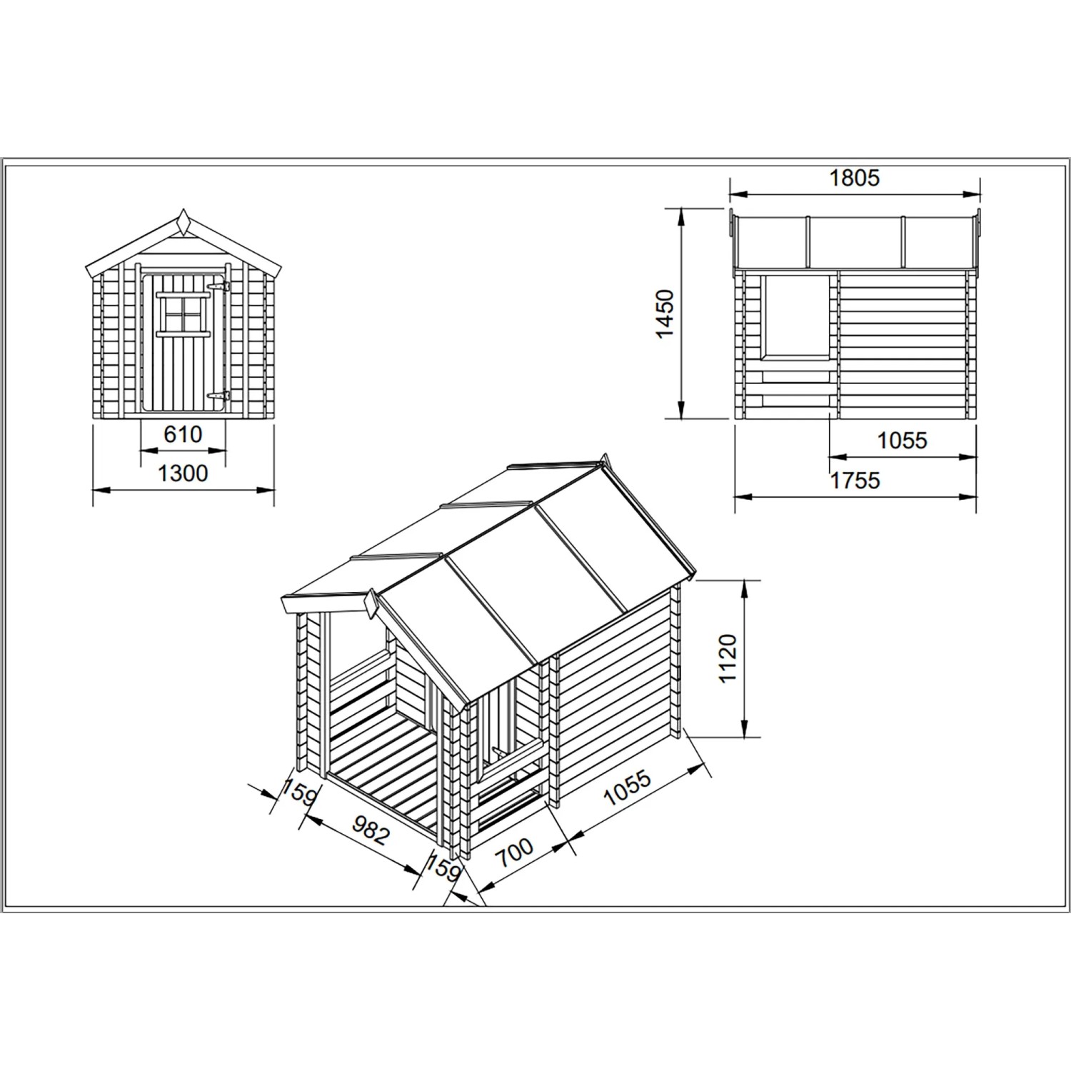 Technische Zeichnung Timbela Kinderspielhaus M501A mit Maßen, Holzfenster mit Plexiglas.