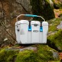 Graue Lifetime Kühlbox (26,5 Liter) mit blauem Griff und Verschlüssen auf moosbewachsenem Stein.