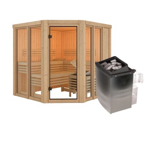 Karibu Sauna Airini mit 9 kW Ofen, naturbelassen, mit bronziertem Fenster und Eckeinstieg.