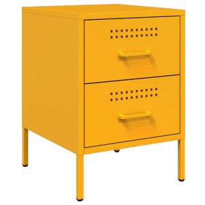 Senfgelber vidaXL Nachttisch aus Stahl mit 2 Schubladen im Industrie-Stil.