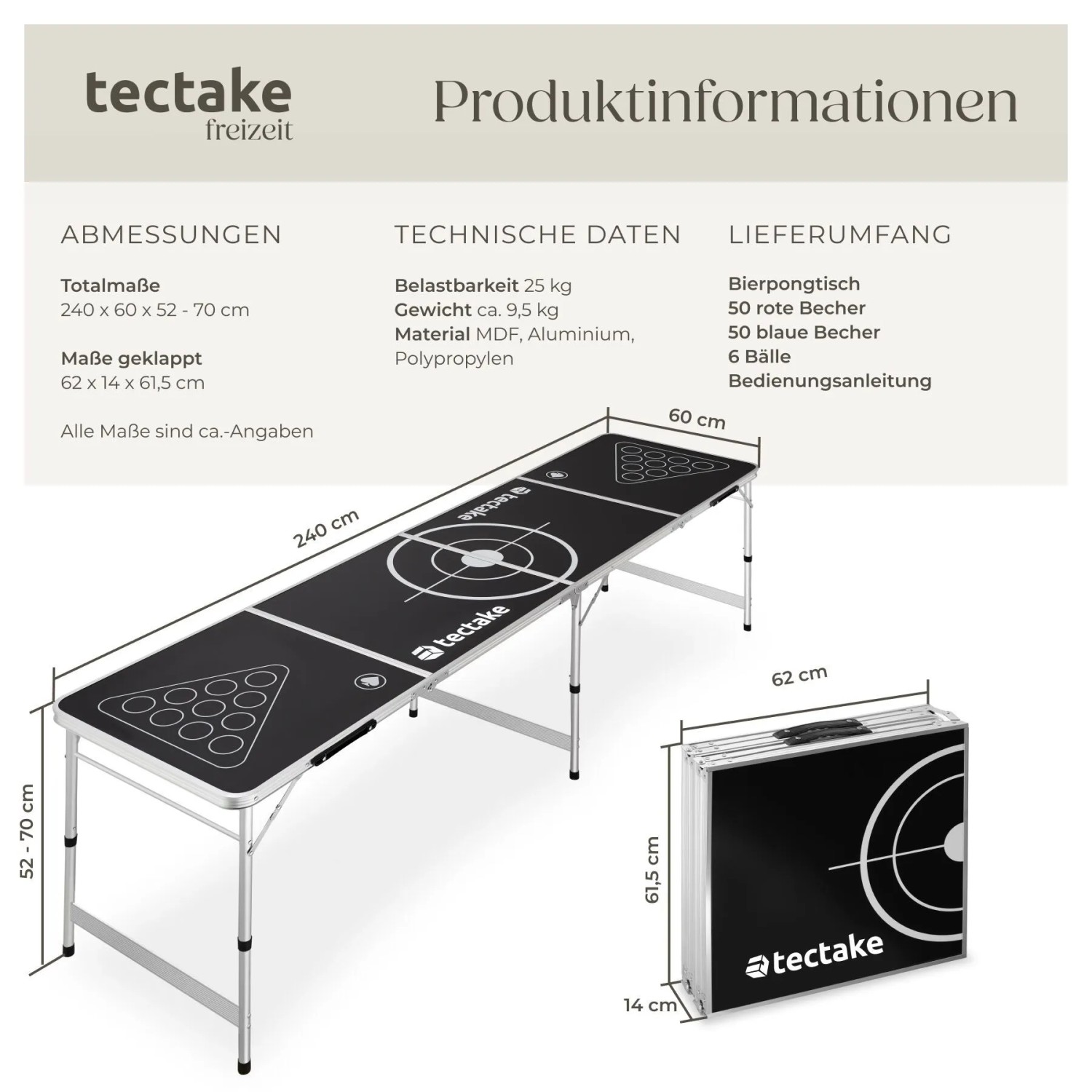 Tectake Bierpongtisch, klappbar und höhenverstellbar, schwarz. Inkl. Becher und Bälle.
