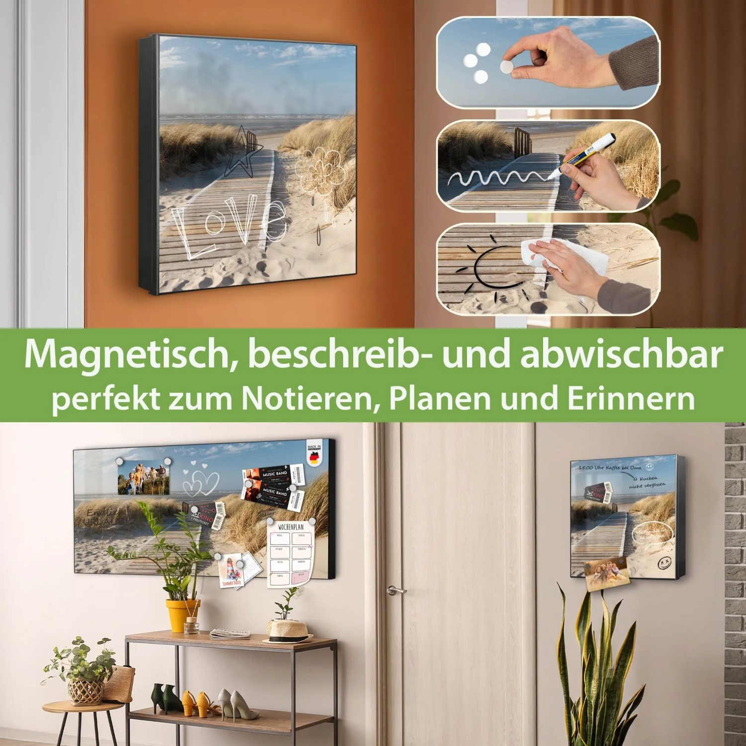 Banjado Schlüsselkasten Metall 30x30cm mit Dünen Motiv. Magnetisch, beschreibbar, ideal für Notizen und Schlüssel.