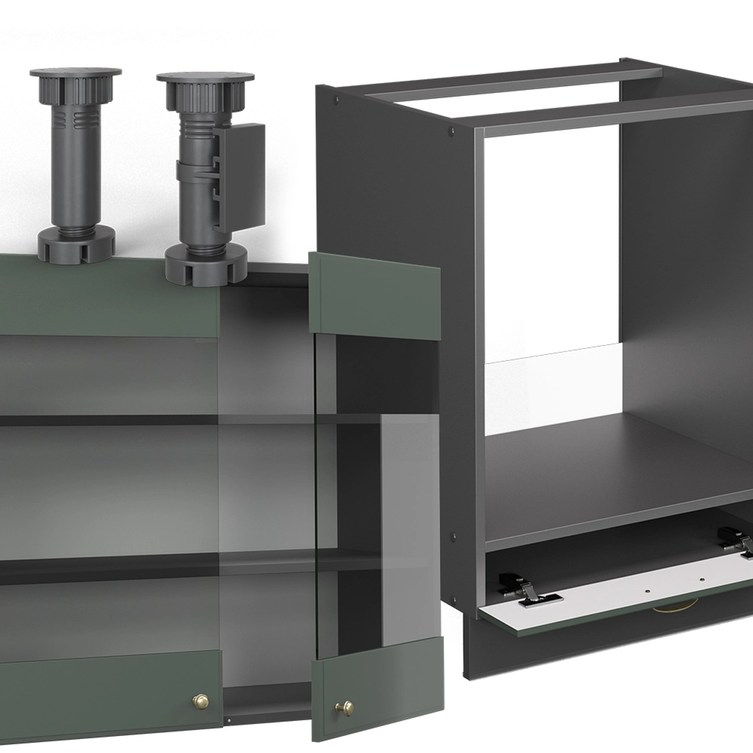 Vicco Fame-Line Eckküche in Grün-Gold/Anthrazit, Detailansicht der Schränke und Füße.