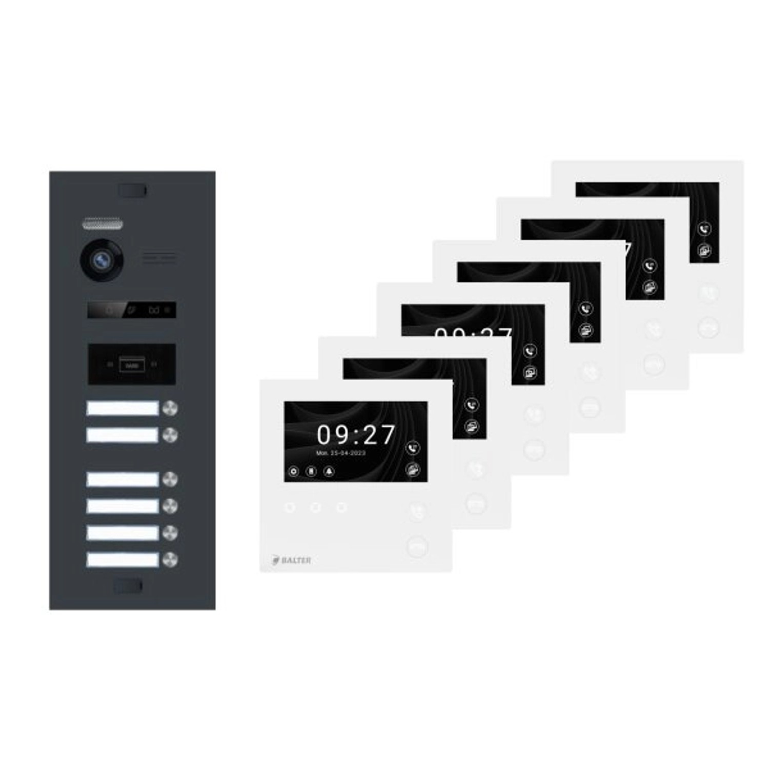 Balter Evo-HD-Mini Video Türsprechanlage Komplettsystem für 6-Familienhaus mit 4,3 Zoll WiFi Monitor Anthrazitgrau