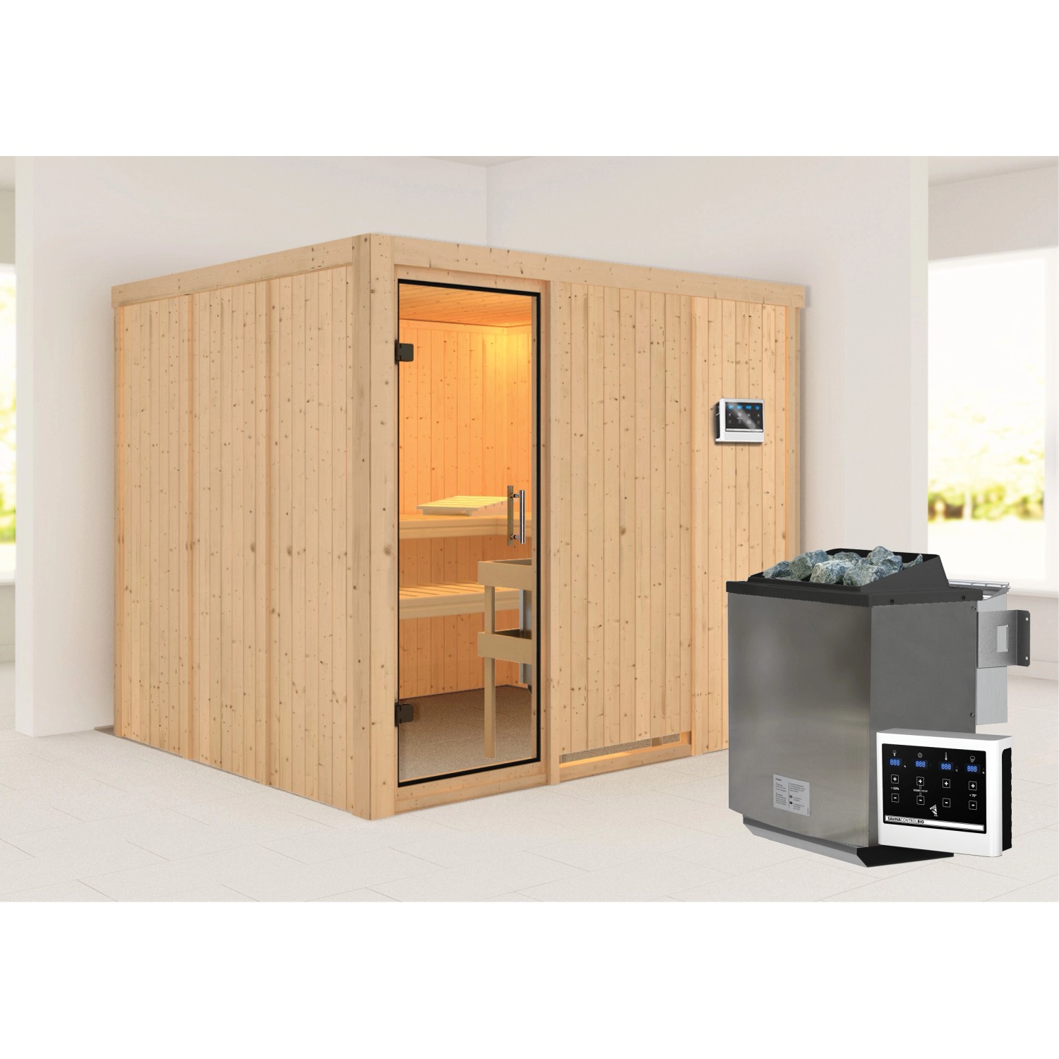 Karibu Sauna Gunda mit Bio-Ofen externe Stg.Easy Natur günstig online kaufen