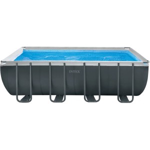 Intex Frame Pool Set Ultra Quadra XTR, 549x274x132 cm, mit Stahlrahmen und blauem Innenmuster.