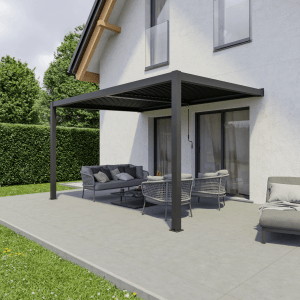 Dunkelgraue Ximax Pergola Shade mit Lamellendach zur Wandmontage, 400x300 cm.
