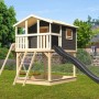 Karibu Stelzenhaus Benjamin mit Rutsche und Schaukelanbau in Natur-Grau für Kinder.