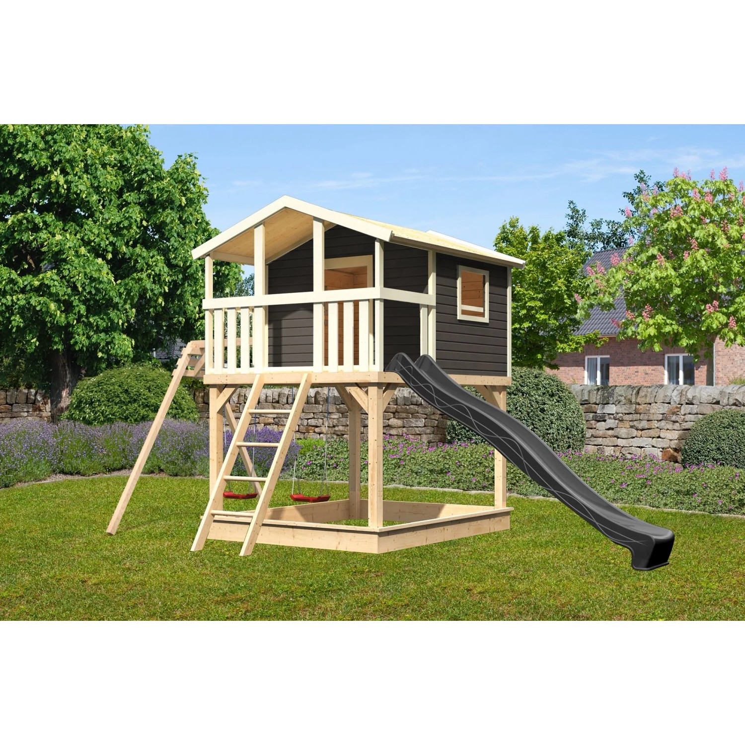 Karibu Stelzenhaus Benjamin mit Rutsche und Schaukelanbau in Natur-Grau für Kinder.