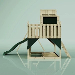 Holz-Spieltum mit Rutsche und Schaukel, Smaragdgrün. Ideal für Kinder ab 3 Jahren.