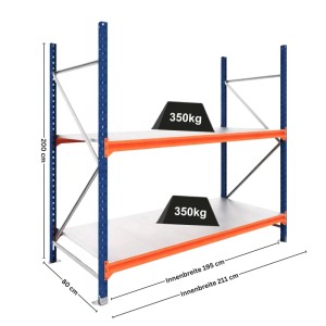 PROREGAL DOMINUS Grundregal, blau/orange, 200x195x80cm, 2 Stahlplatten-Fachböden, je 350 kg Traglast.