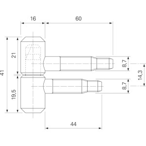 SFS Einbohrband 2-teilig, verzinkter Stahl, für Rahmentüren. Technische Zeichnung mit ø 16 mm, Bolzen 60/44 mm.