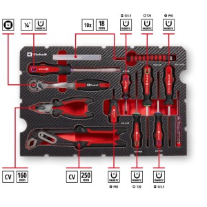 Einhell Werkzeugkoffer Universal 80-tlg. E-CASE: Werkzeugsortiment mit Schraubendrehern, Zangen und Ratschenschlüssel.