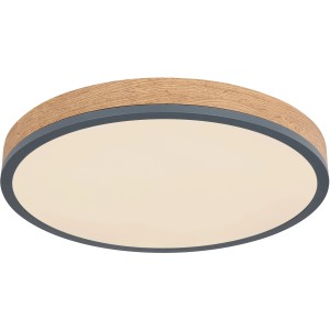 Runde LED-Deckenleuchte Doro in Graphit mit Holzoptik, dimmbar und mit Fernbedienung.