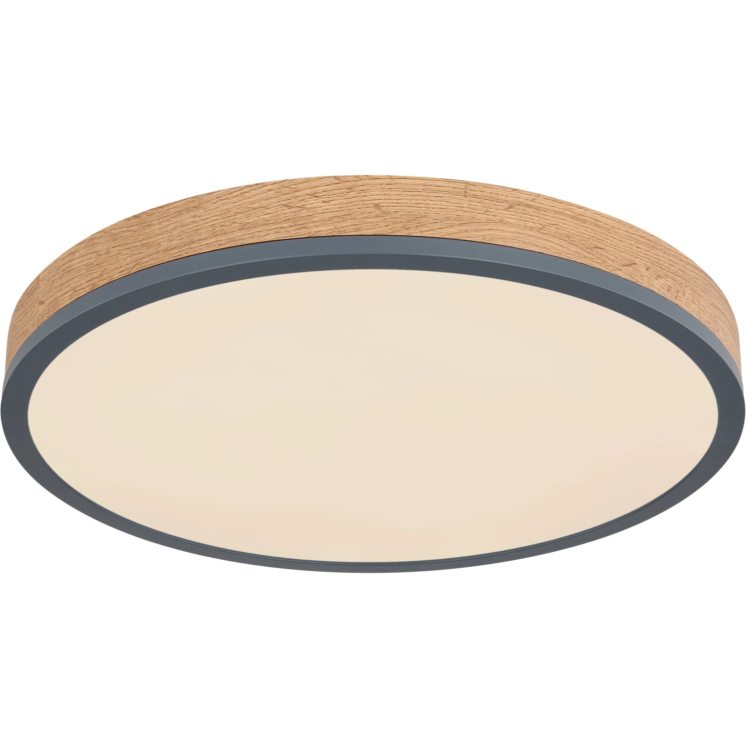 Runde LED-Deckenleuchte Doro in Graphit mit Holzoptik, dimmbar und mit Fernbedienung.