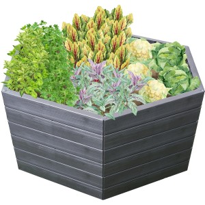 Gefülltes Garantia Hochbeet Ergo XL 75 Wood aus Kunststoff mit Kräutern und Gemüse.