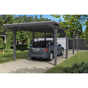 Skan Holz Carport Emsland, schiefergrau, mit Auto. Einzelcarport aus Leimholz mit flachem Dach und Regenrinne.
