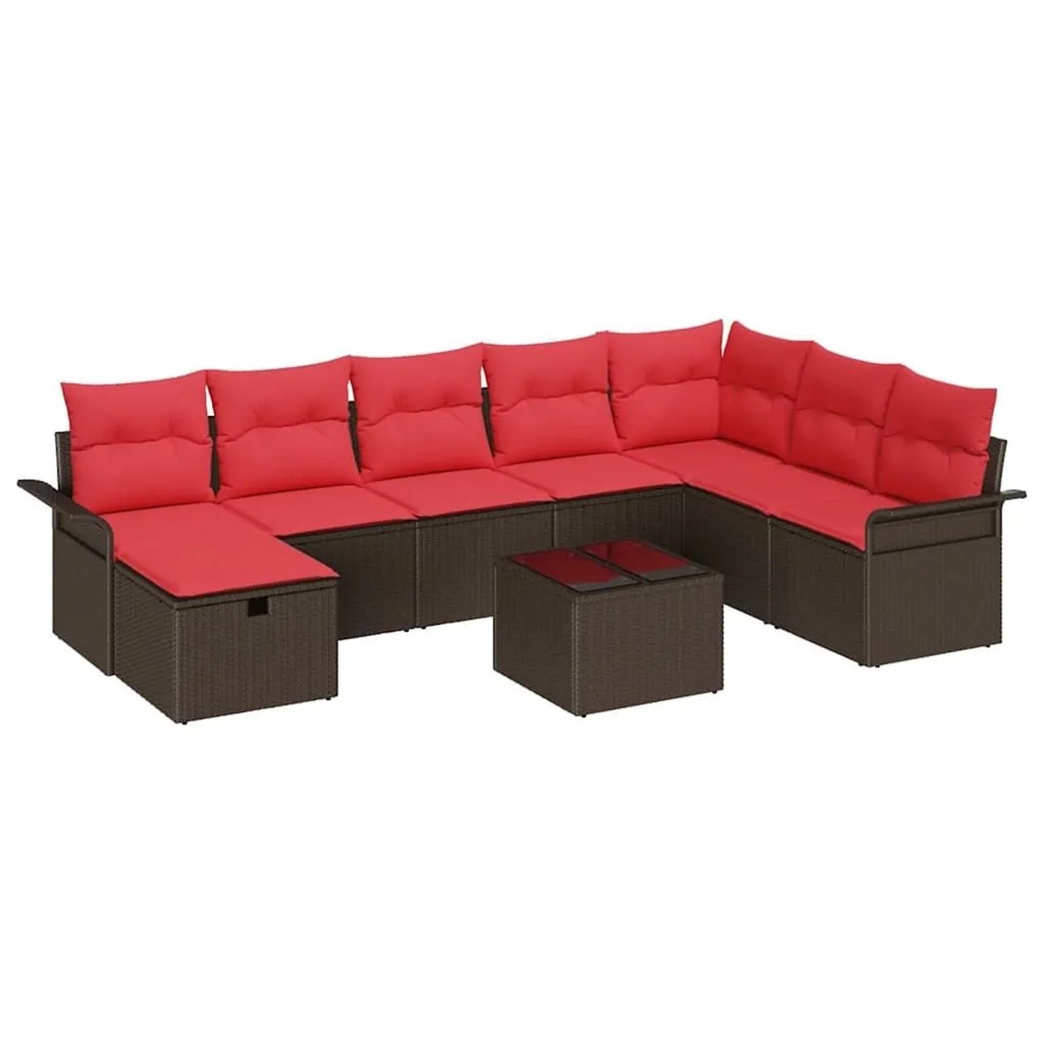 vidaXL Gartensofa-set mit Kissen 9 Stk Braun und Rot Poly-Rattan 3358943