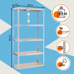 OBI Metall-Schwerlast-Steckregal, verzinkt, 180x90x40 cm, mit 5 verstellbaren MDF-Böden. Gesamtlast 875 kg.
