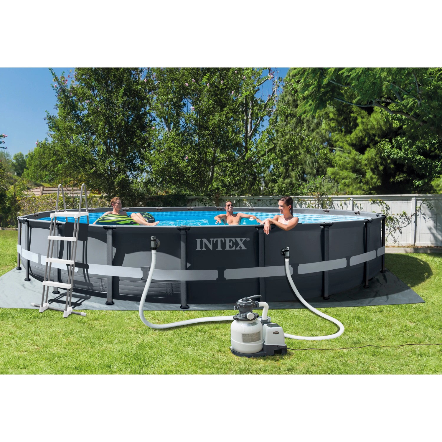 Intex Frame Pool Set Ultra Rondo XTR, Ø 610 cm, mit Sandfilteranlage, Leiter, Abdeck- und Bodenschutzplane.