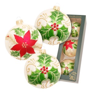 3er Set Krebs Glas Lauscha Weihnachtskugeln mit Stern- und Distel-Motiv, 8cm.