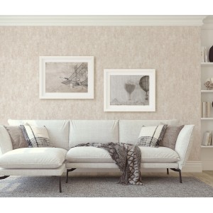 Beige Vliestapete Chroma von Guido Maria Kretschmer im Wohnraum mit Sofa und Bildern.