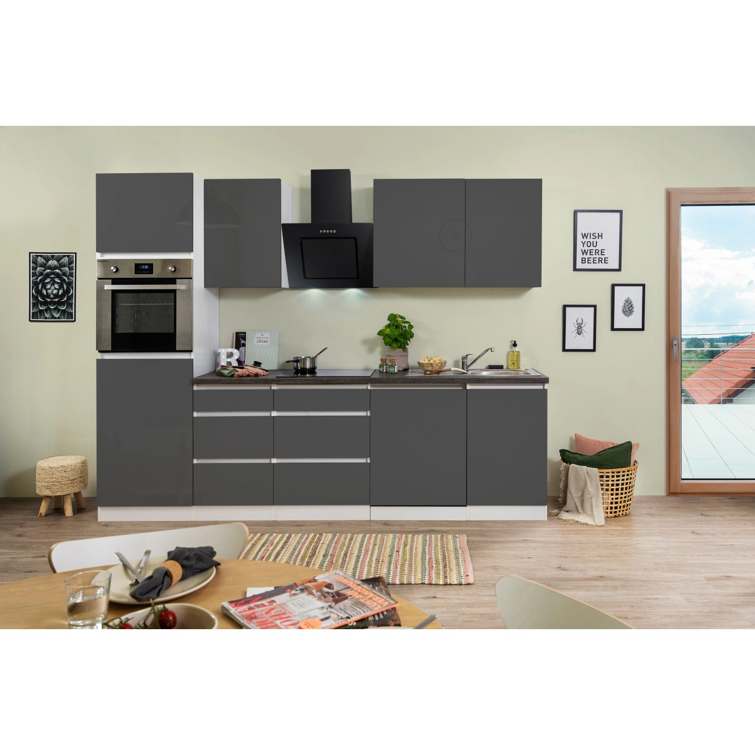 Respekta Küchenzeile GLRP280HWG, 280 cm, Grau Hochglanz, Granit-Optik, grifflos.