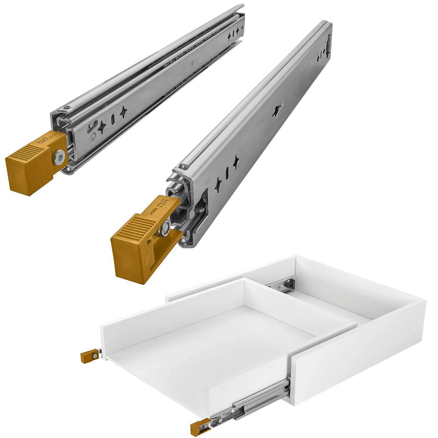 SOTECH Schwerlastauszug VarioSlide KV2-100-H53-L1000-EH 1000mm Zweihandverriegelung Einrastfunktion Gelber Hebel Schubladenschiene Belastbar Bis 100Kg_2