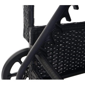 Detailansicht der anthrazitfarbenen Poly-Rattan Sonnenliege Cesena mit Rädern und Aluminiumgestell.