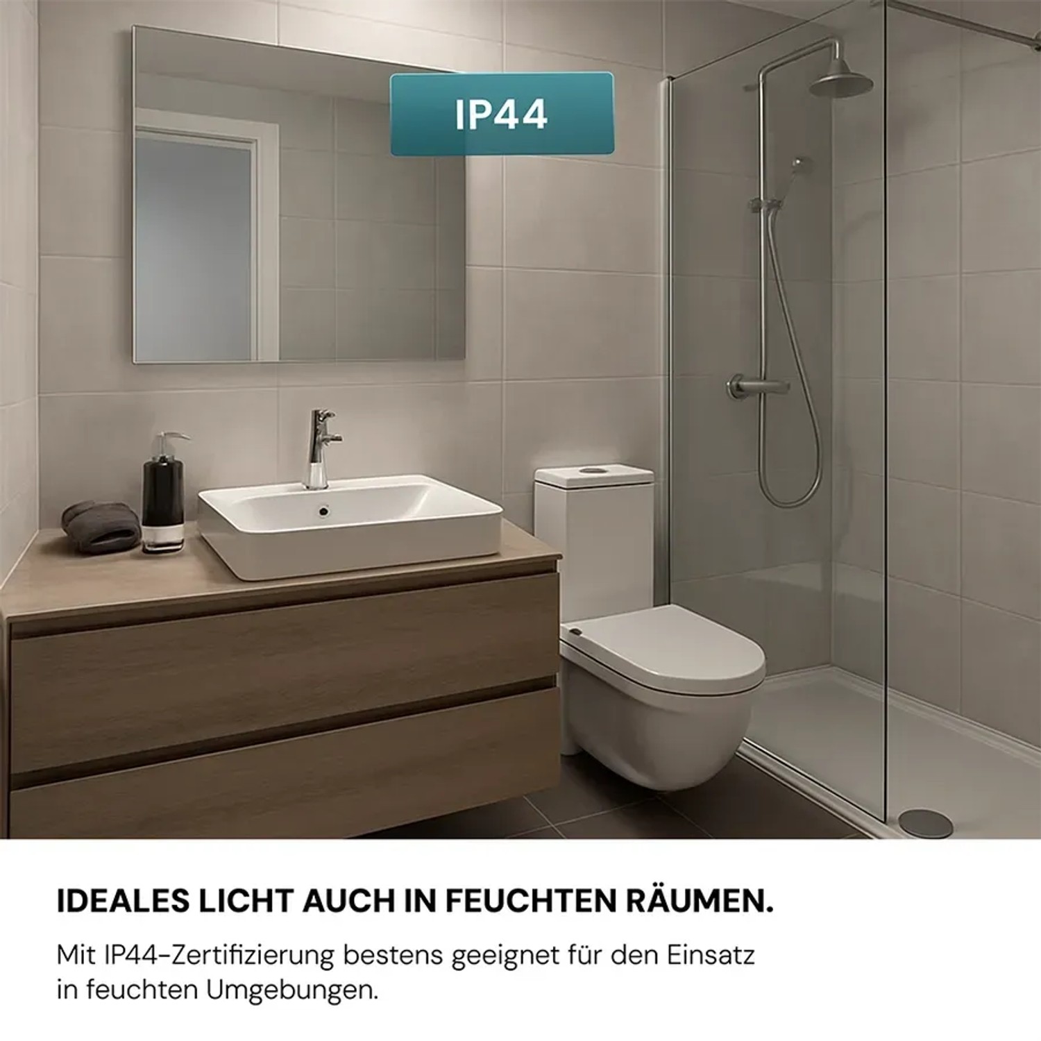Badezimmer mit LUXULA LED-Deckenleuchte (rund, weiß, 24W, 3000K, IP44) über Waschbecken.