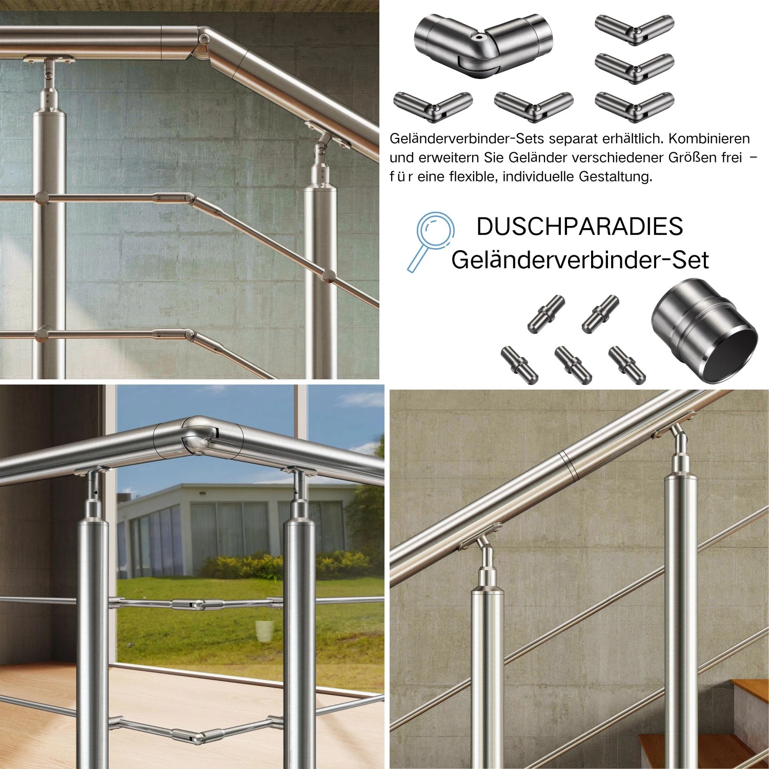 Edelstahl Geländer 150 cm mit 5 Querstäben, seitlich montiert an Treppe & Balkon. Zeigt auch Geländerverbinder.