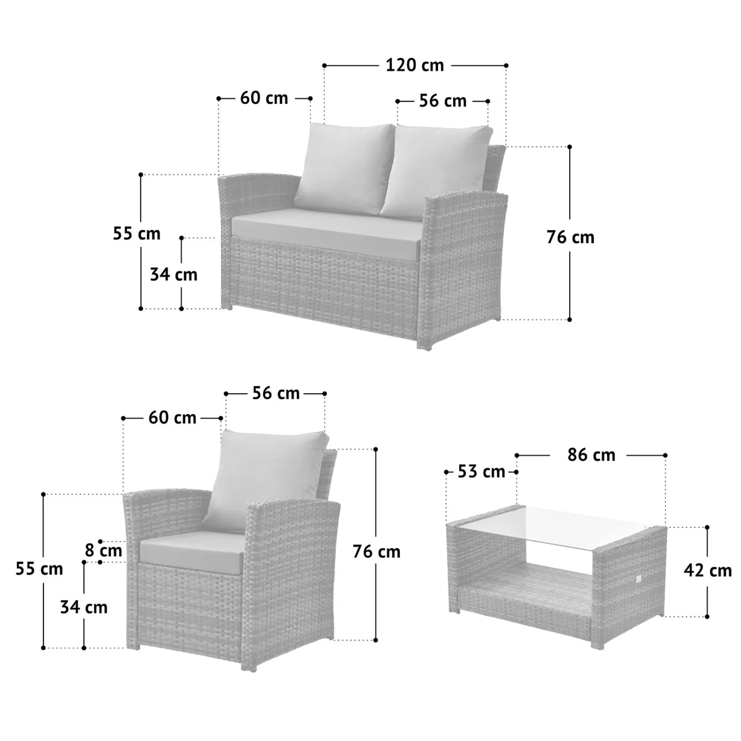 Svita Roma Polyrattan Lounge Set, Gartenmöbel, Abmessungen von Sofa, Sessel und Tisch