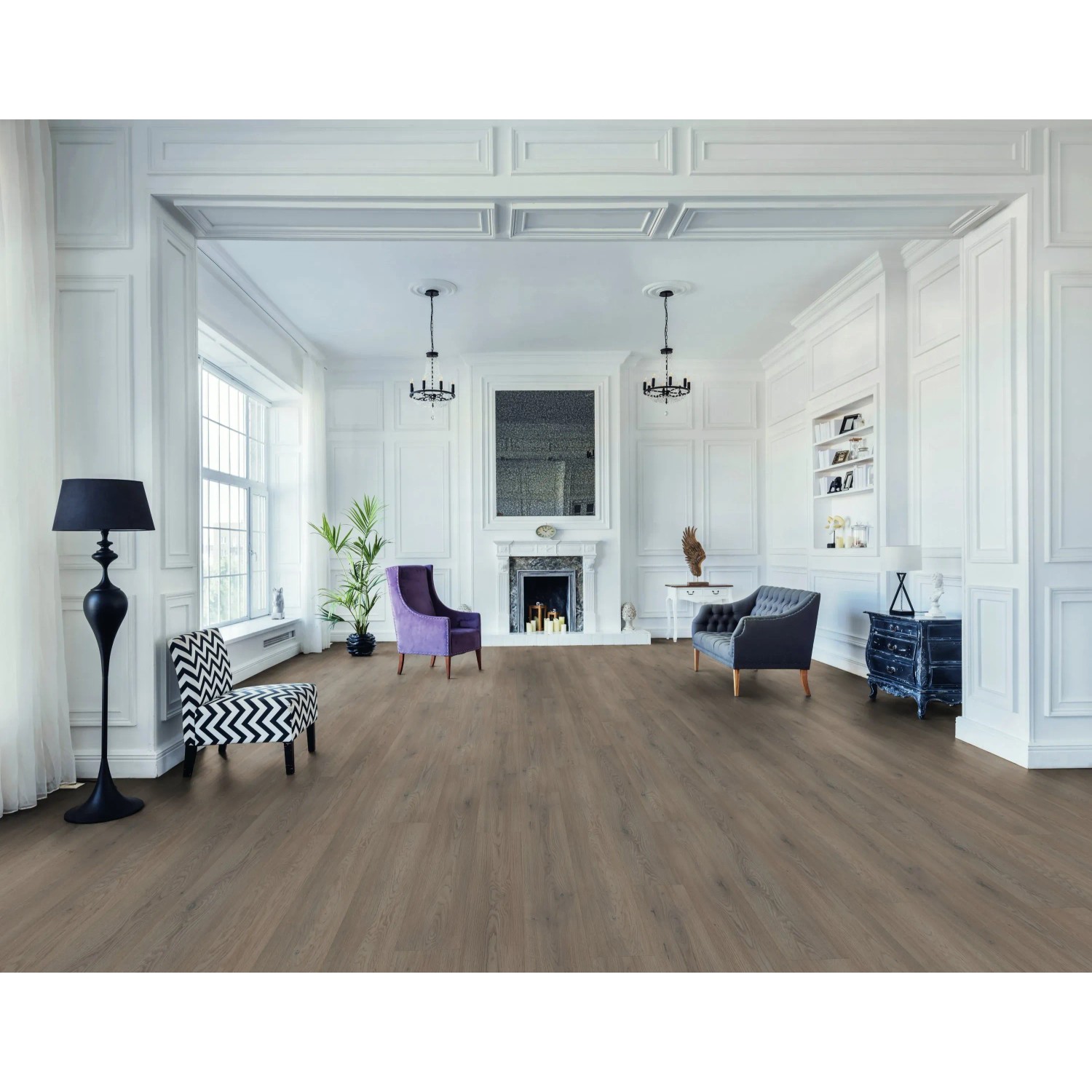 Verlegter Laminatboden Mont Blanc Oak Eiche Breitdiele im Wohnraum.