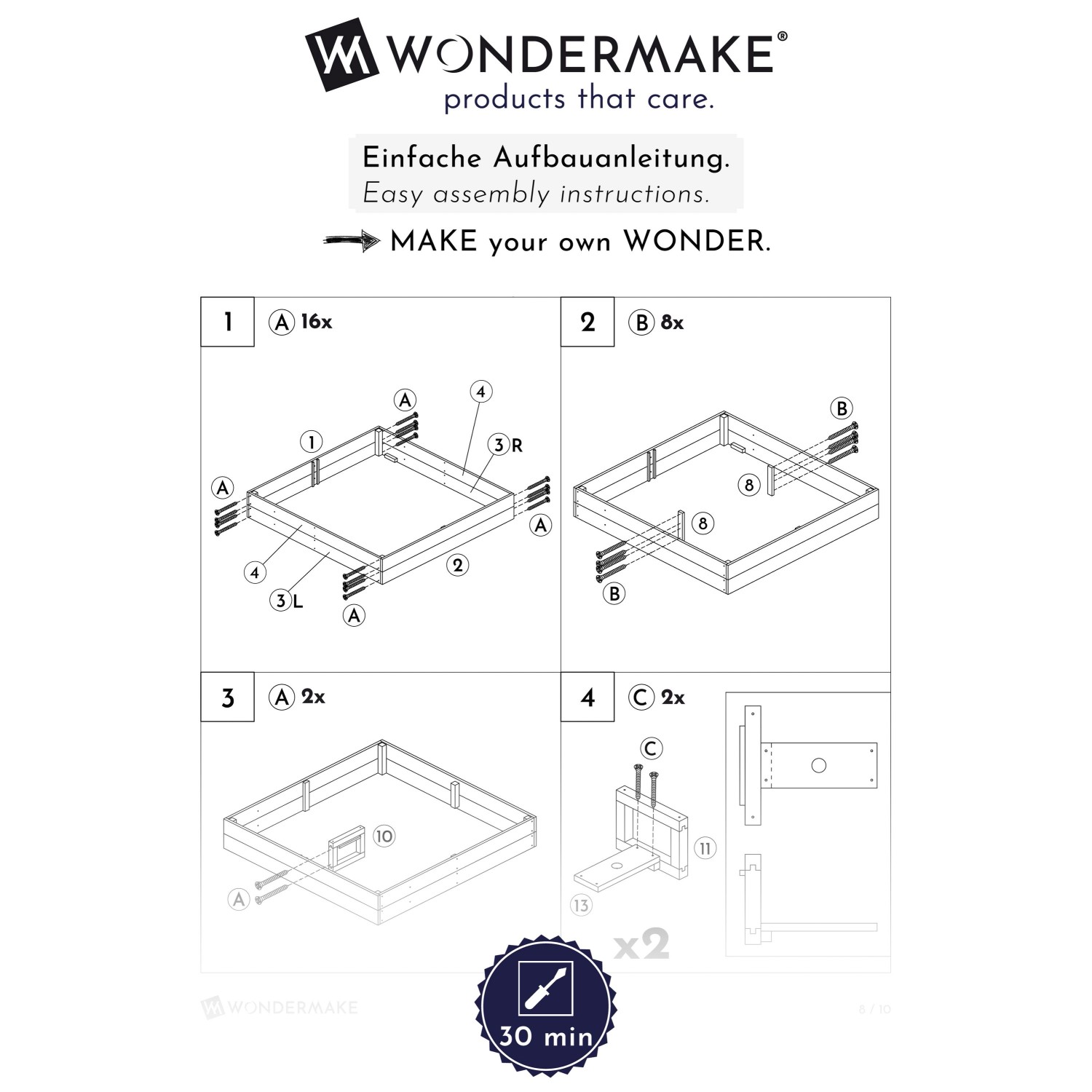 Aufbauanleitung für WONDERMAKE Design Sandkasten arena2 aus Holz.