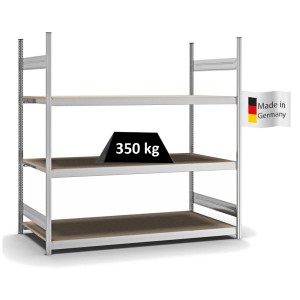 Verzinktes PROREGAL Weitspannregal mit 3 Ebenen und Spanplatten Fachböden, Fachlast 350 kg.