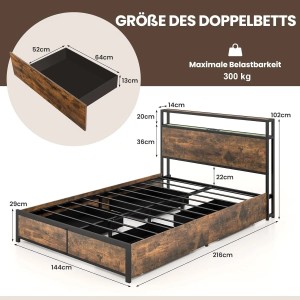 Costway Bett mit Led Beleuchtung Ladestation & Schubladen 200 x 140 cm