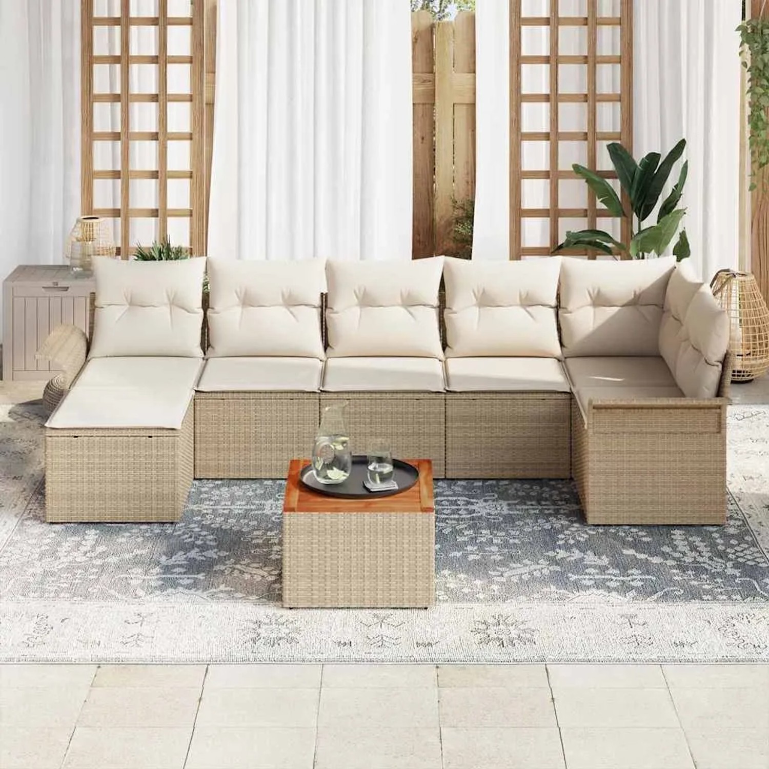 Beiges 8-teiliges vidaXL Garten-Sofa-Set aus Polyrattan mit Tisch und Stauraum.