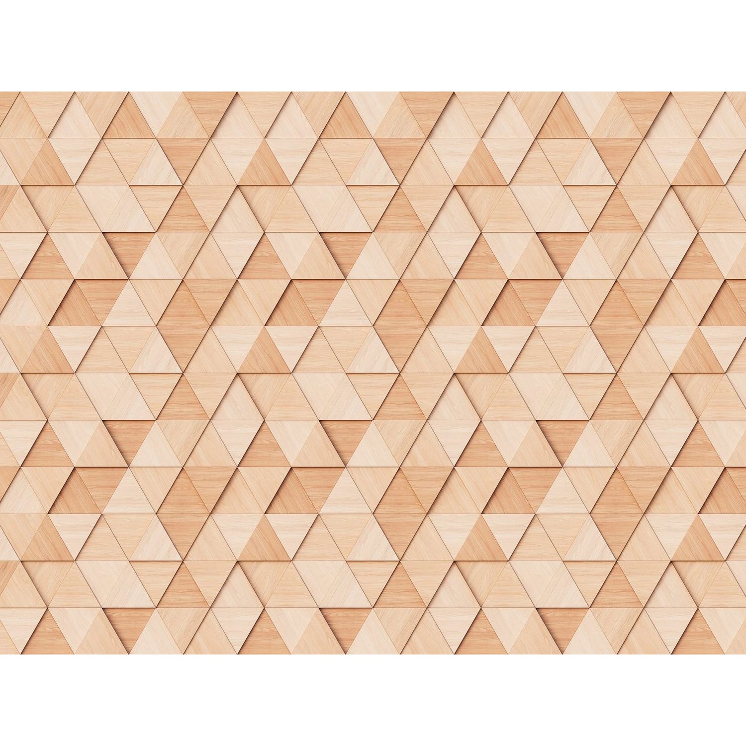 Beige Fototapete mit 3D-Holzoptik und geometrischem Dreiecks-Muster.