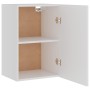 Weißer Hängeschrank (39,5x31x60 cm) mit offener Tür und zwei Regalböden für die Küche.