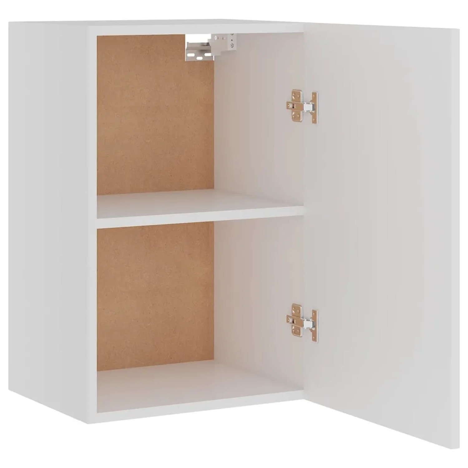 Weißer Hängeschrank (39,5x31x60 cm) mit offener Tür und zwei Regalböden für die Küche.