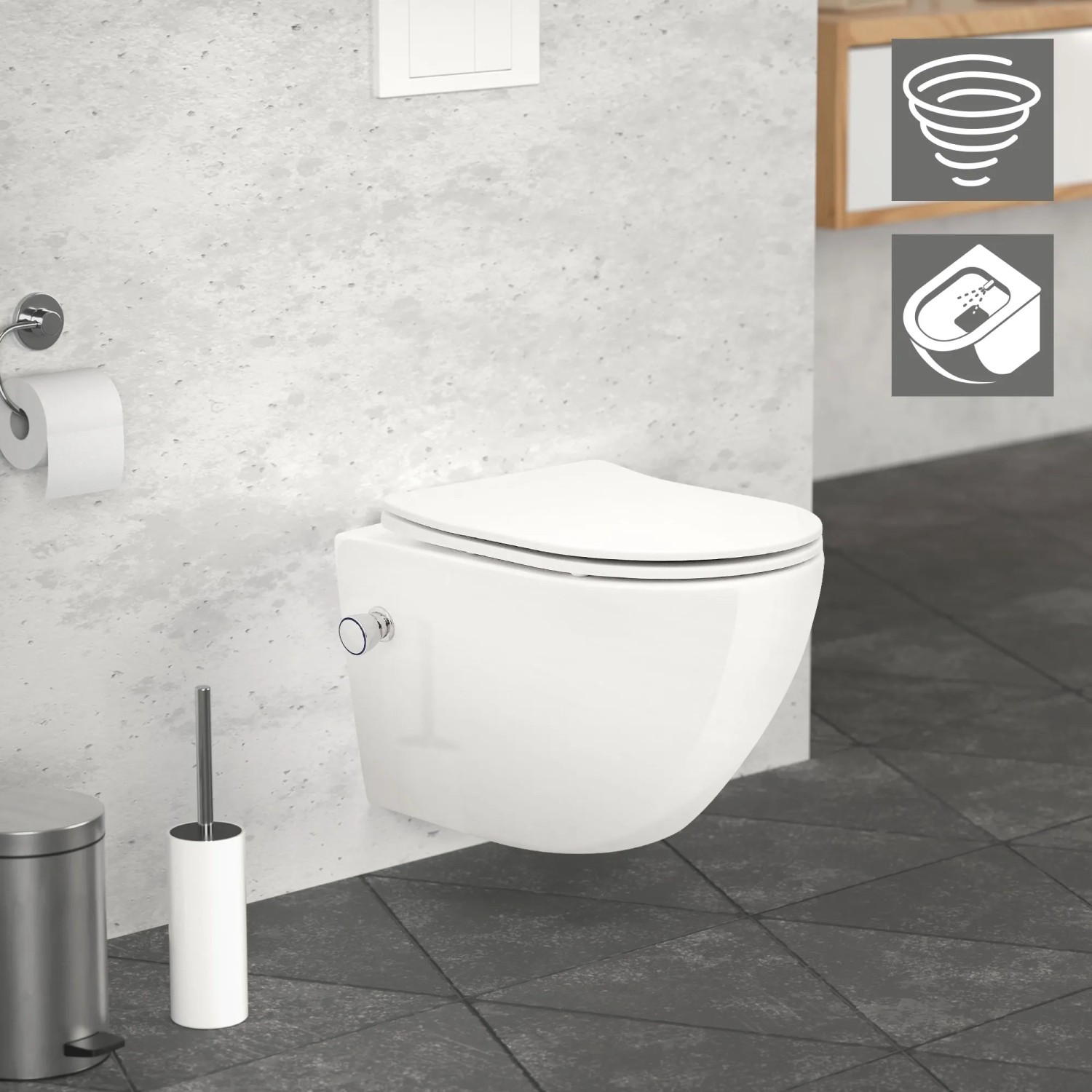 Weißes, spülrandloses Hänge-WC mit Bidet-Funktion und Tornadospülung von LuxeBath, kurze Ausführung.
