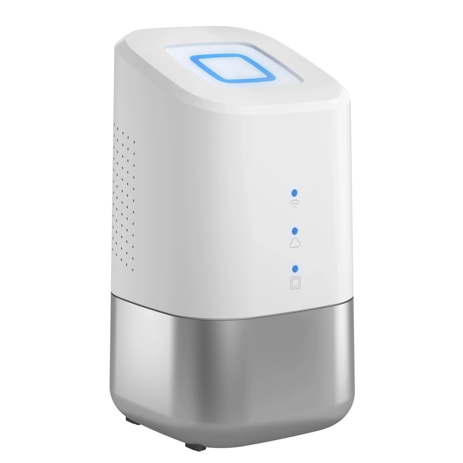 HmIP Home Control Unit: Smart-Home-Zentrale in Weiß/Silber mit blauen Statusanzeigen.