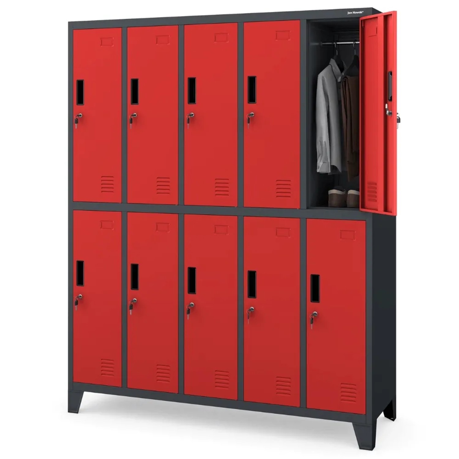 JAN NOWAK Umkleideschrank Spind BARTEK 10 Abteile 172 x 136 x 45 cm Anthrazit-Rot