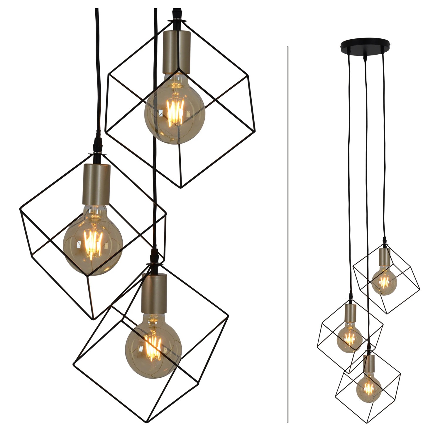 Näve Pendelleuchte Canto, 3-flammig, 146 cm, mit würfelförmigen Lampenschirmen im Industrial Style.