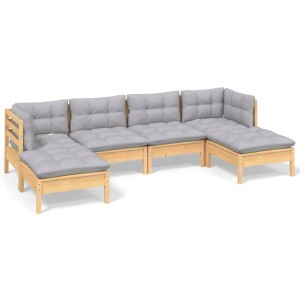 vidaXL 6-tlg. Gartenlounge-Set aus Kiefernholz mit grauen Kissen. Modulares Gartenmöbel-Set für Terrasse und Garten.
