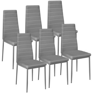 Sechser Set grauer Esszimmerstühle mit hoher Rückenlehne und Kunstlederbezug. Gepolsterte Stühle für hohen Sitzkomfort.