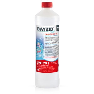 Weiße Flasche Bayzid Chlor 13% Flüssig für Pools, 1kg, zur Pool Desinfektion.