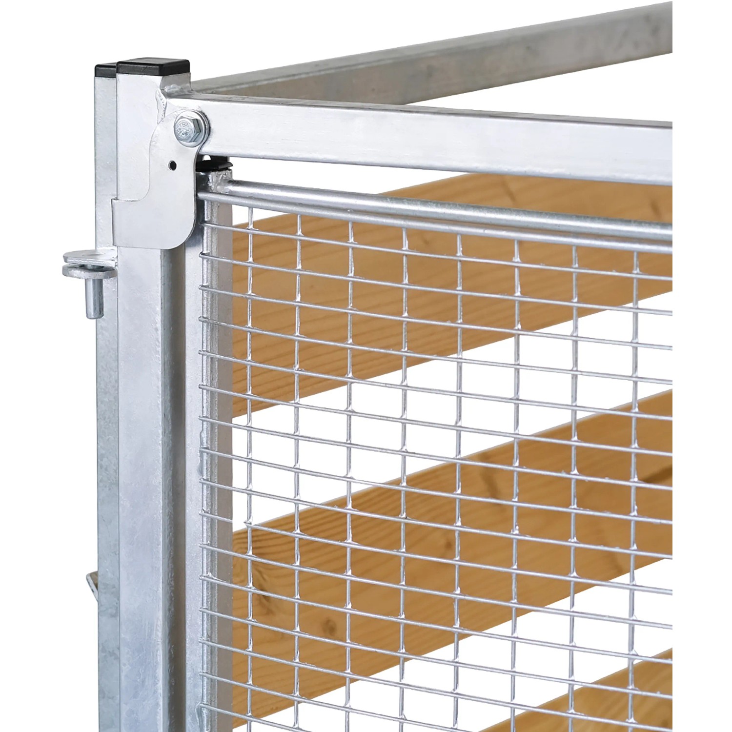 Detailansicht Bellissa Komposter mit Sieb: Holz und Metallgitter.