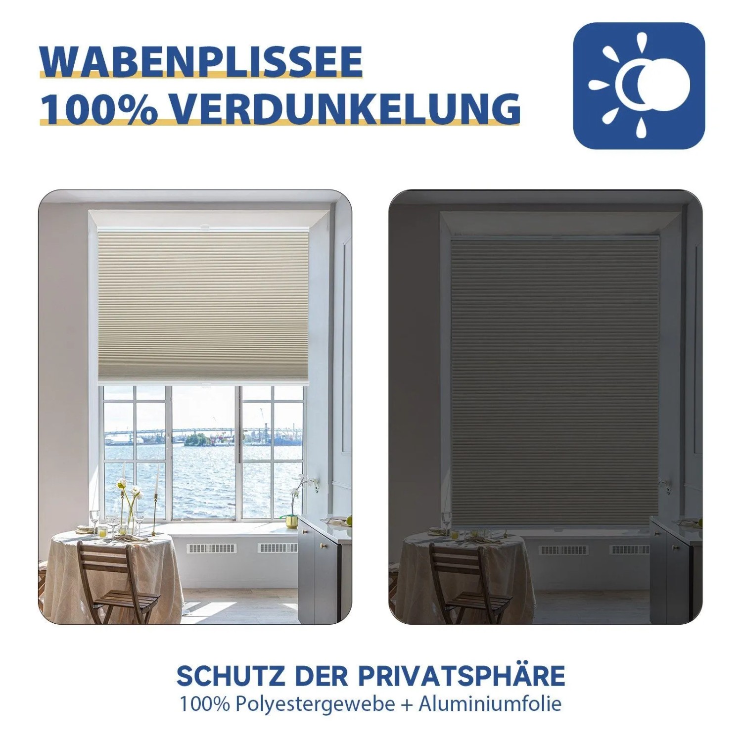 Beiges Sekey Wabenplissee zur Verdunkelung, Montage ohne Bohren, 75x200cm, im Fensterrahmen.